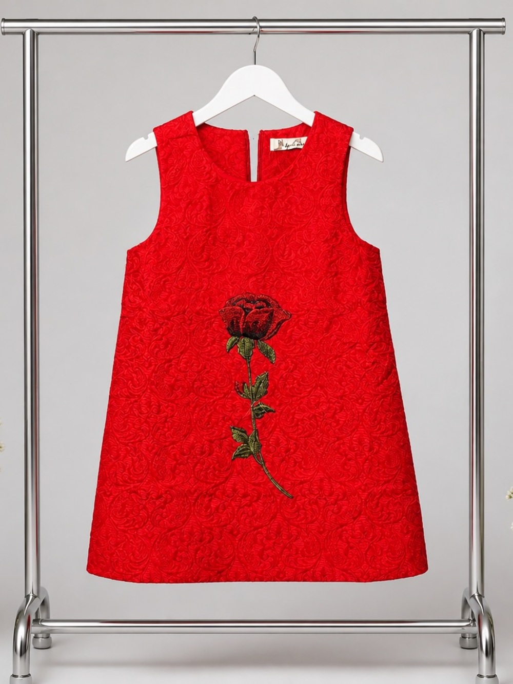NWT Doe A Dear Little Girls Red Jacquard Dress Embroidered Rose Sleeveless - 7